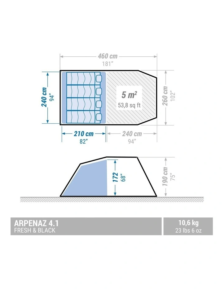 Camping Tent with Poles Arpenaz 4.1 F&B 4 Persons 1 Bedroom in Blue image 3