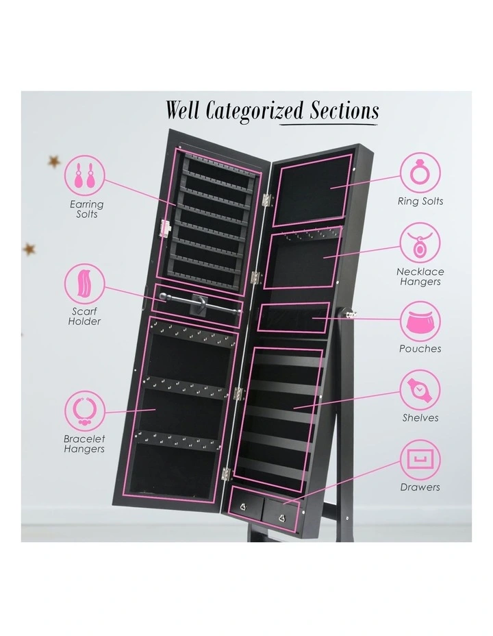 Lowe 2 Drawers Mirror Jewelry Cabinet 146cm in Black image 7