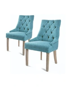Amour Oak Fabric Studs Retro French Provincial Dining Chair 2 Set in Blue