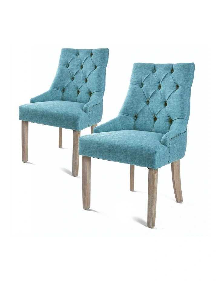 Amour Oak Fabric Studs Retro French Provincial Dining Chair 2 Set in Blue image 1