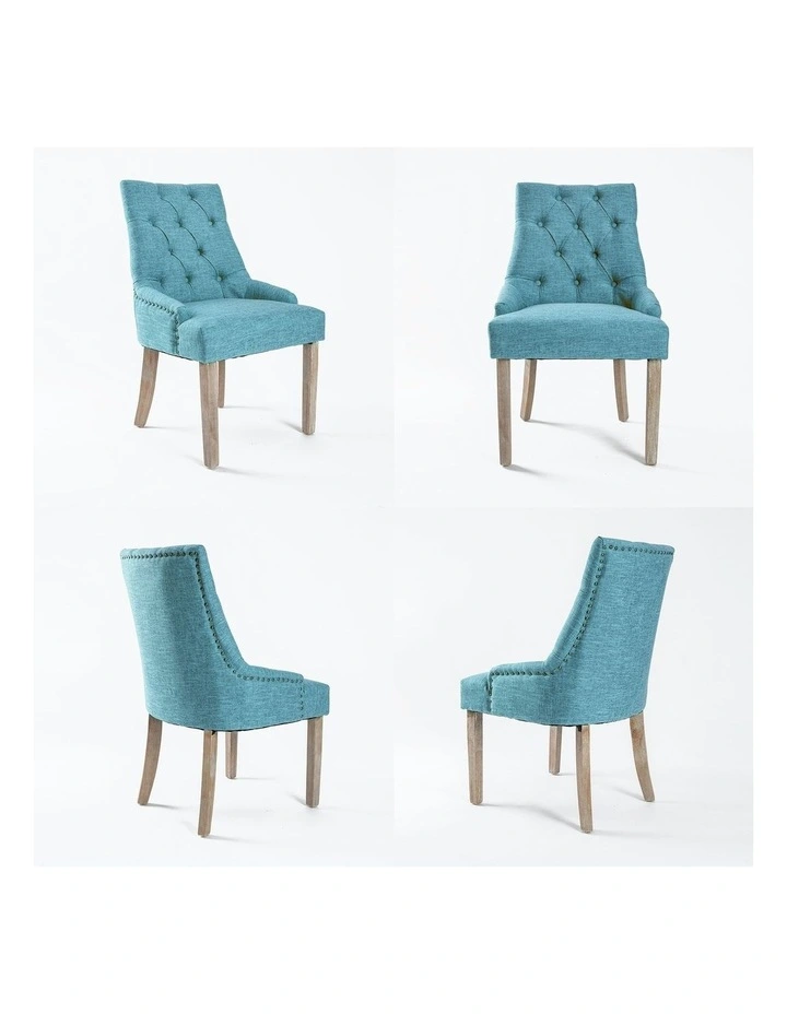 Amour Oak Fabric Studs Retro French Provincial Dining Chair 2 Set in Blue image 3