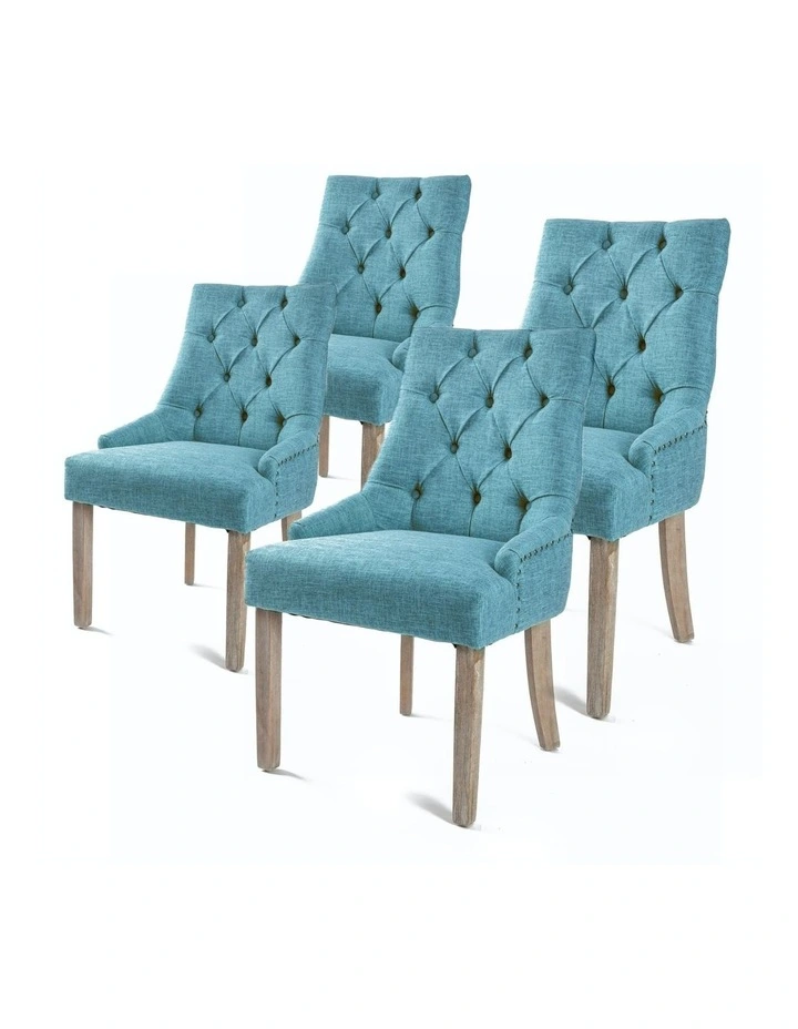 Amour Oak Fabric Studs Retro French Provincial Dining Chair 4 Set in Blue image 1