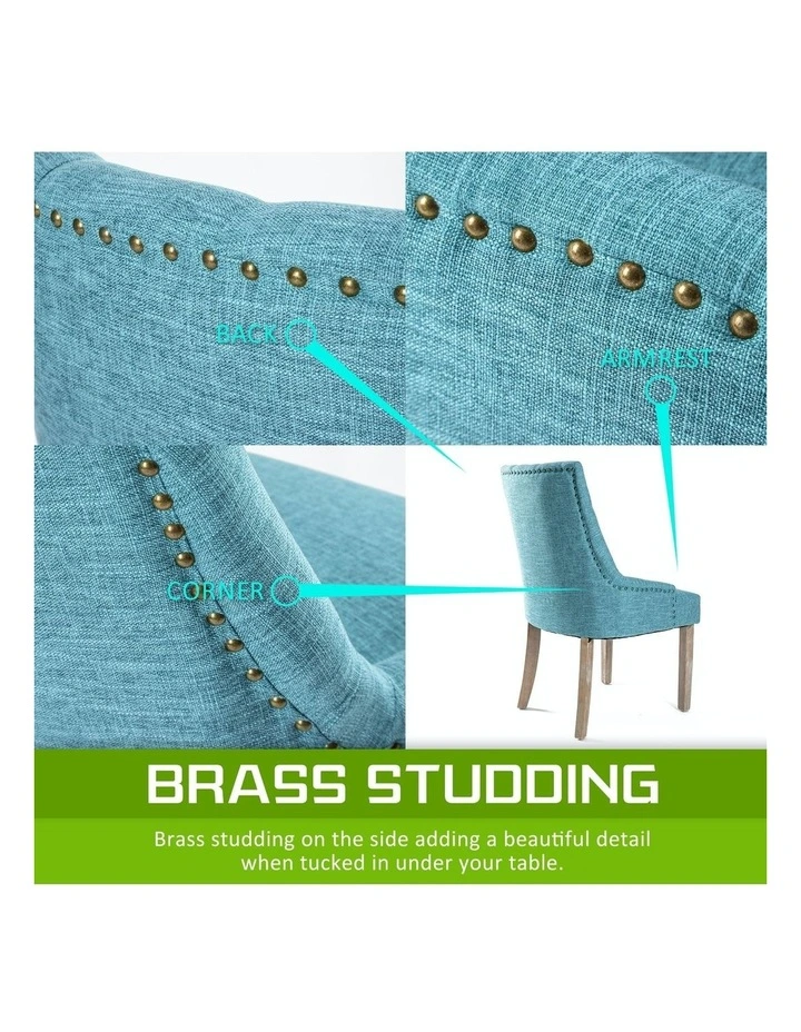 Amour Oak Fabric Studs Retro French Provincial Dining Chair 4 Set in Blue image 4