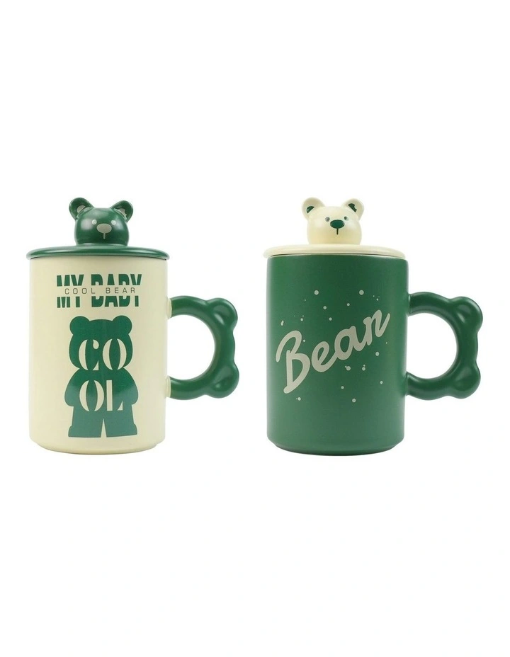 High-Fired Ceramic Porcelain Mug 2 Set With Lid Bear Tea Spoon 400ml in Green image 1