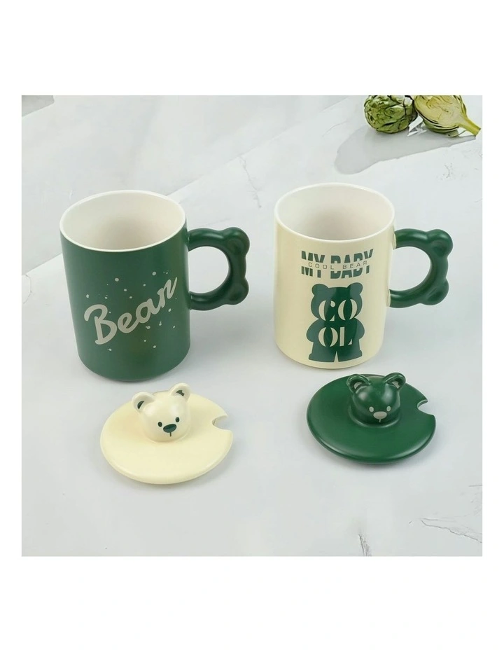 High-Fired Ceramic Porcelain Mug 2 Set With Lid Bear Tea Spoon 400ml in Green image 3