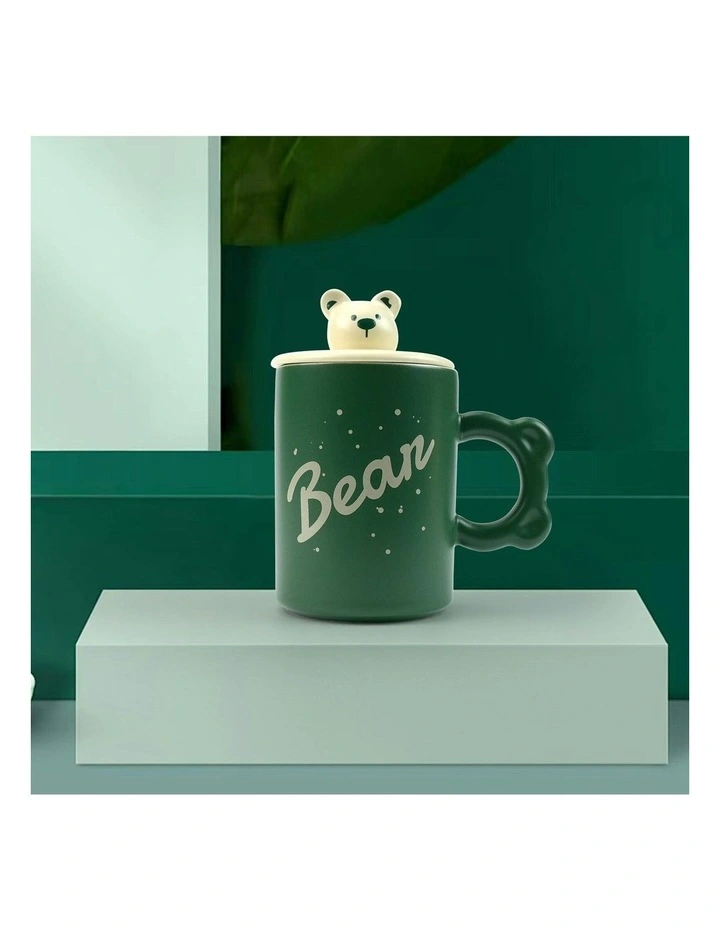 High-Fired Ceramic Porcelain Mug 2 Set With Lid Bear Tea Spoon 400ml in Green image 4