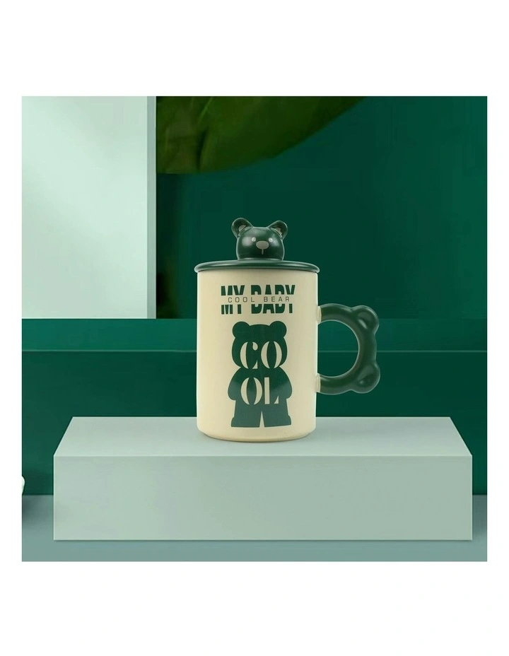 High-Fired Ceramic Porcelain Mug 2 Set With Lid Bear Tea Spoon 400ml in Green image 5