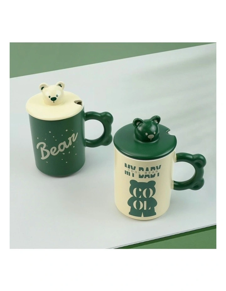 High-Fired Ceramic Porcelain Mug 2 Set With Lid Bear Tea Spoon 400ml in Green image 7