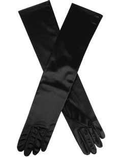 Long Above Elbow Satin Gloves in Black