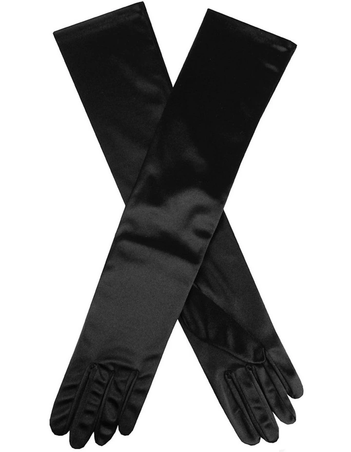 Long Above Elbow Satin Gloves in Black image 1