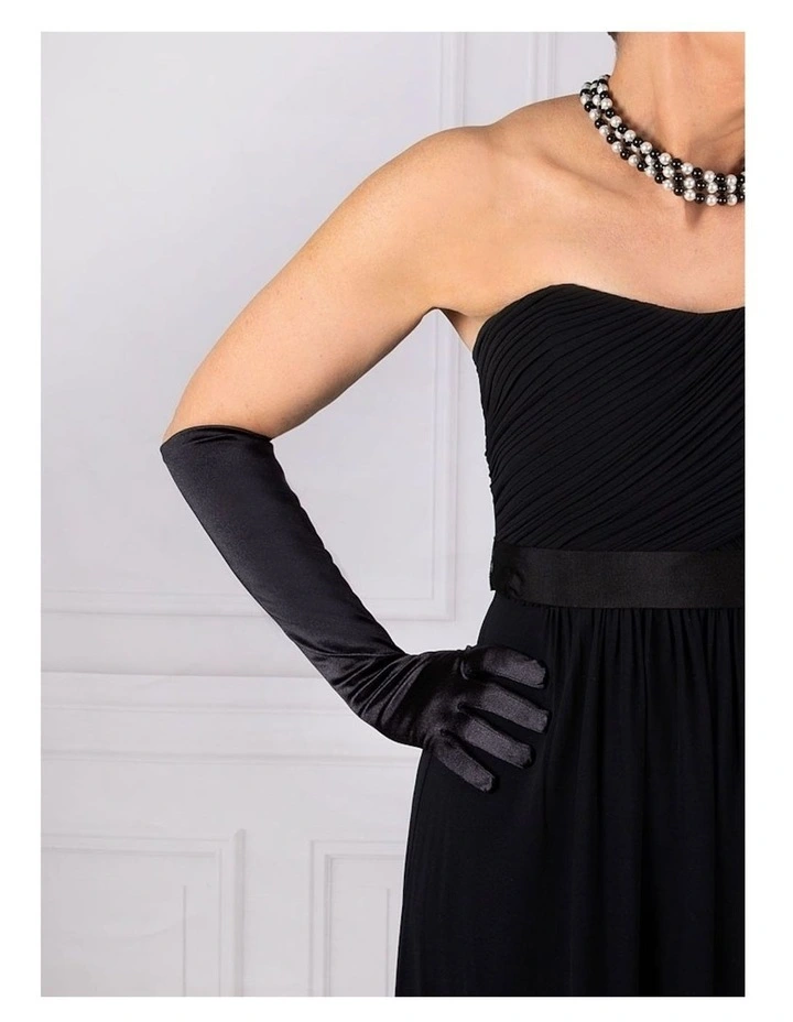 Long Above Elbow Satin Gloves in Black image 2