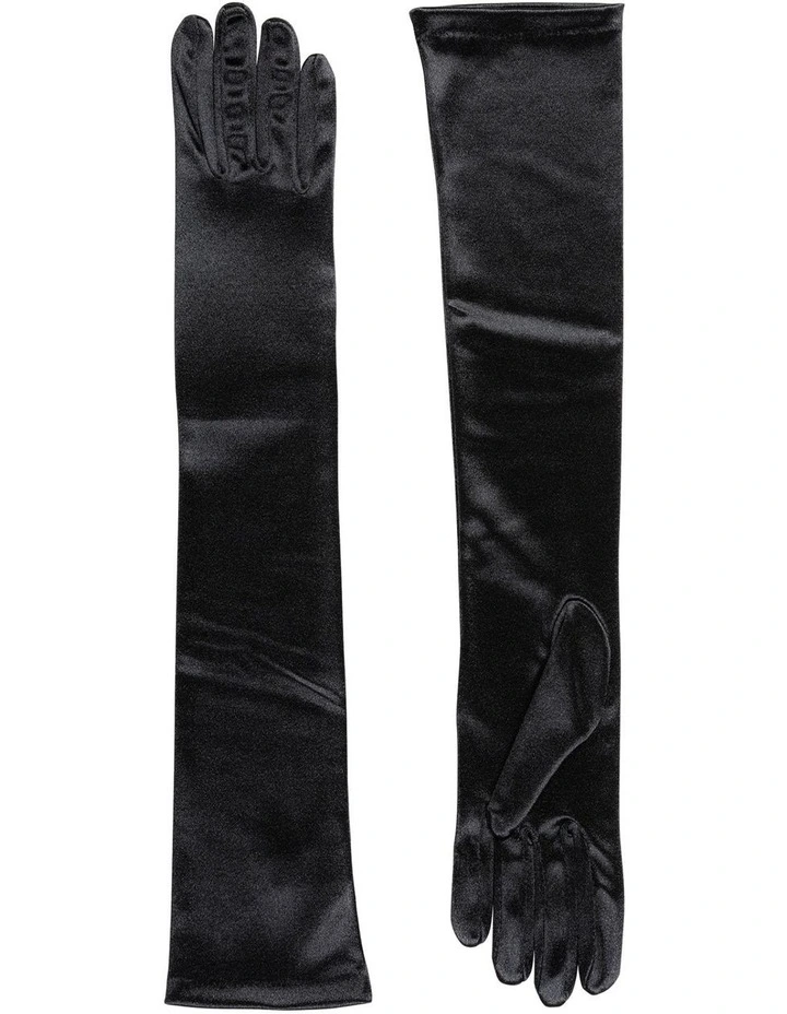 Long Above Elbow Satin Gloves in Black image 3