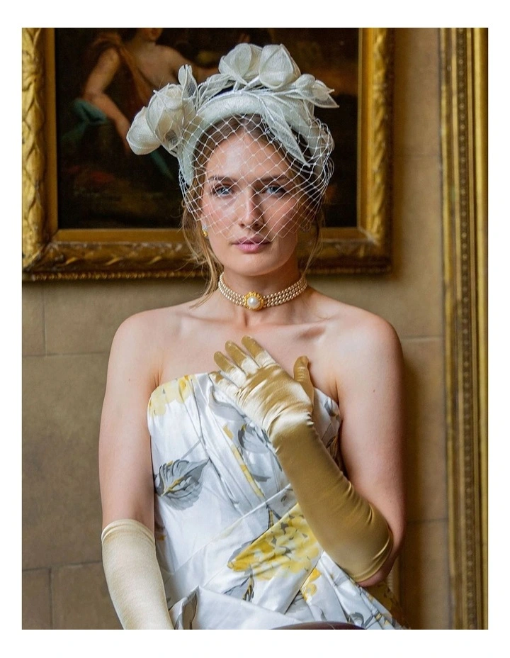 Long Above Elbow Satin Gloves in Gold image 2