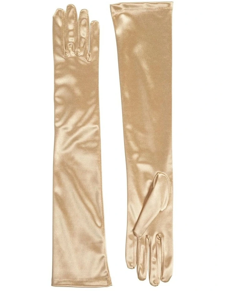 Long Above Elbow Satin Gloves in Gold image 3