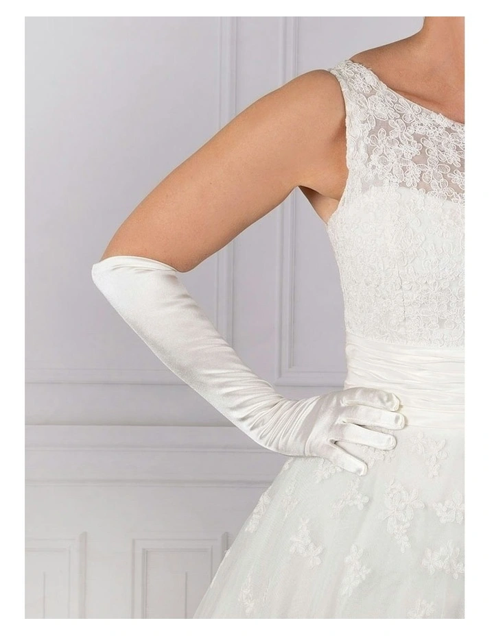 Long Above Elbow Satin Gloves in Silver Grey image 2