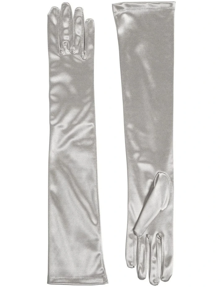 Long Above Elbow Satin Gloves in Silver Grey image 4