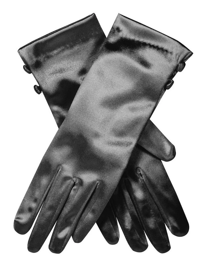 Satin Wrist Length Gloves With Button Trim in Black image 1