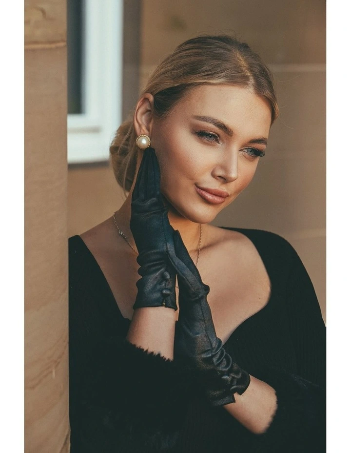 Satin Wrist Length Gloves With Button Trim in Black image 2