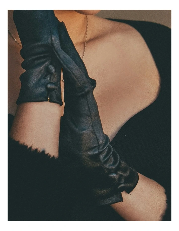 Satin Wrist Length Gloves With Button Trim in Black image 3