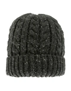 Cable Knit Beanie Hat with Marl Yarn in Charcoal