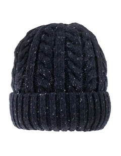 Cable Knit Beanie Hat with Marl Yarn in Navy