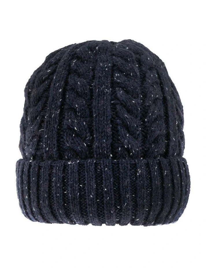Cable Knit Beanie Hat with Marl Yarn in Navy image 1