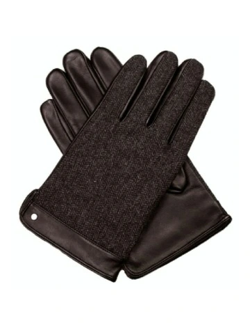 Leather/Wool Fleece Lined Gloves Herringbone Winter Warm in Brown