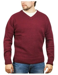 V Neck Knit Pullover Jumper in Burgundy