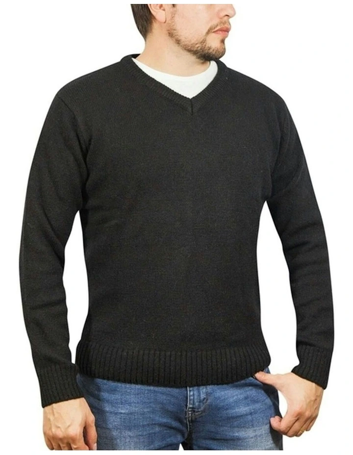 V Neck Knit Pullover Jumper in Black image 1