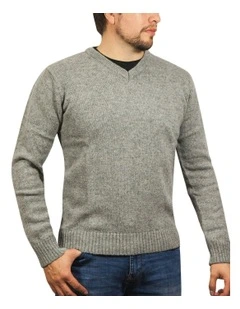 V Neck Knit Pullover Jumper in Grey