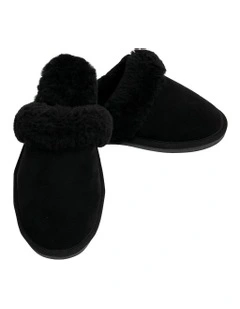 Sheepskin Wool Scuffs Slip On Winter Ugg Slippers in Black