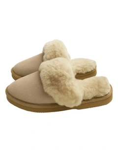 Sheepskin Wool Slippers Scuffs Slip On Winter Ugg Slippers in Beige