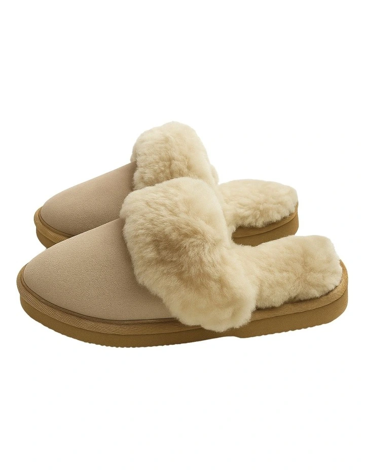 Sheepskin Wool Slippers Scuffs Slip On Winter Ugg Slippers in Beige image 1