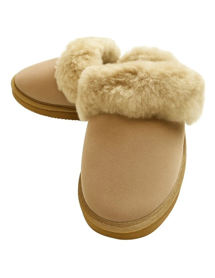 Sheepskin Wool Slippers Scuffs Slip On Winter Ugg Slippers in Beige image 2