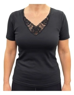 Short Sleeve Thermal Lace Motif Top in Black