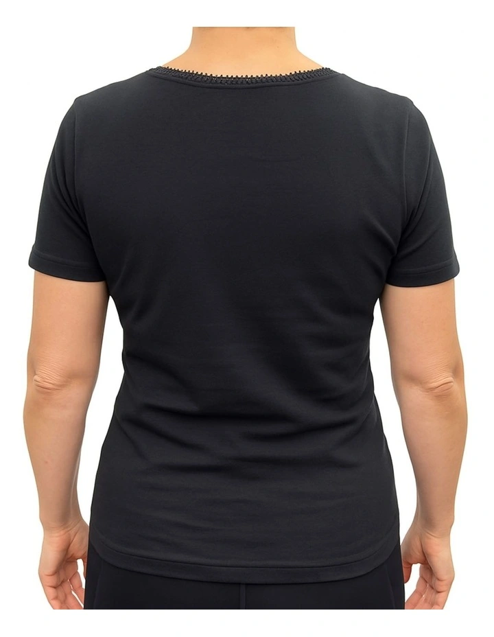 Short Sleeve Thermal Lace Motif Top in Black image 2
