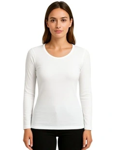 Thermal Cotton Crew Neck Long Sleeve Top in Beige