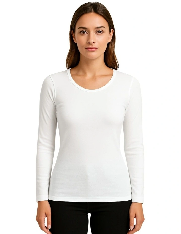 Thermal Cotton Crew Neck Long Sleeve Top in Beige image 1