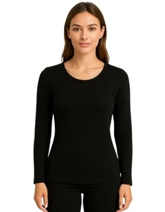 Thermal Cotton Crew Neck Long Sleeve Top in Black
