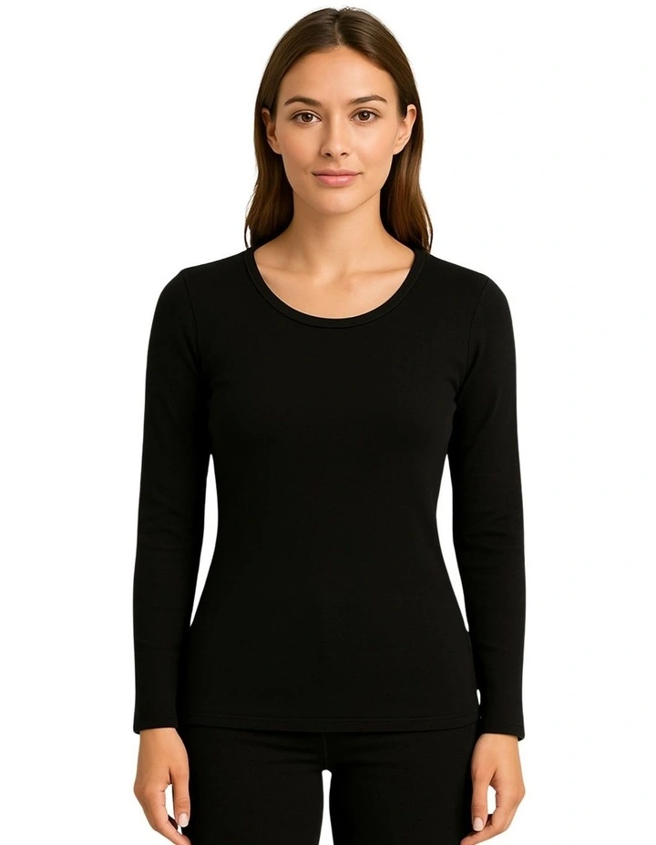 Thermal Cotton Crew Neck Long Sleeve Top in Black image 1