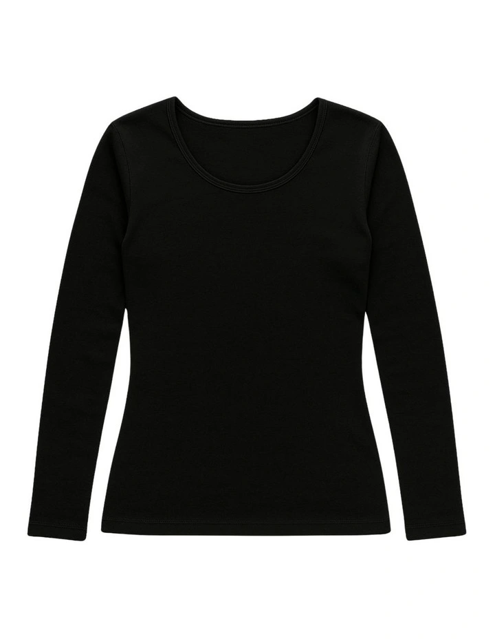 Thermal Cotton Crew Neck Long Sleeve Top in Black image 2