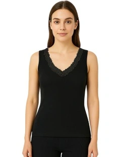 Thermal Cotton Singlet Sleeveless Motif Top in Black