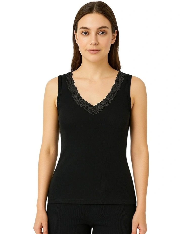 Thermal Cotton Singlet Sleeveless Motif Top in Black image 1