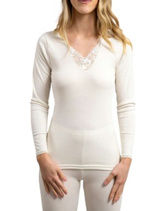 Thermal Wool Blend Motif Lace Long Sleeve Top in Beige