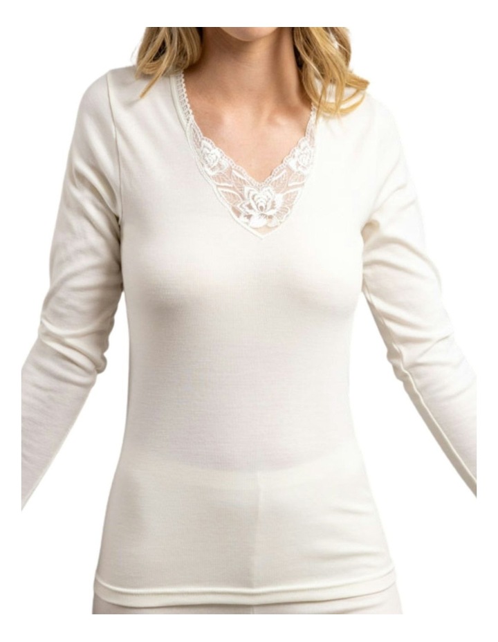 Thermal Wool Blend Motif Lace Long Sleeve Top in Beige image 3