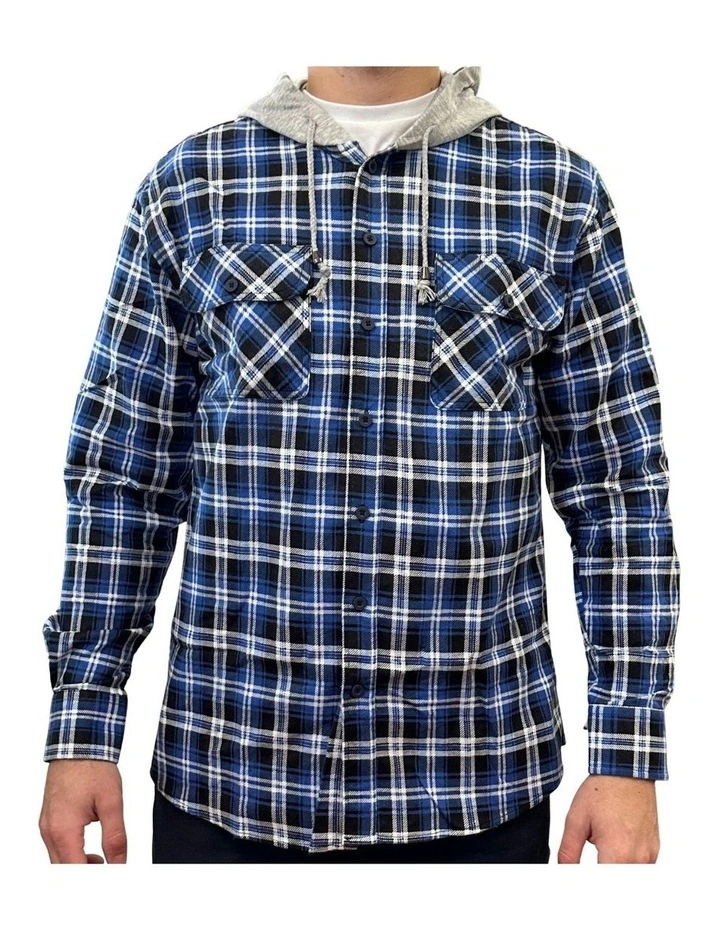 Flannelette Shirt With Jersey Hood in Denim image 1