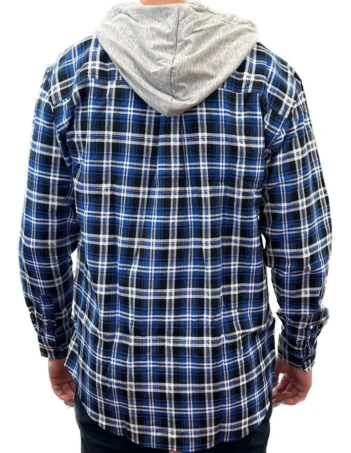 Flannelette Shirt With Jersey Hood in Denim image 2