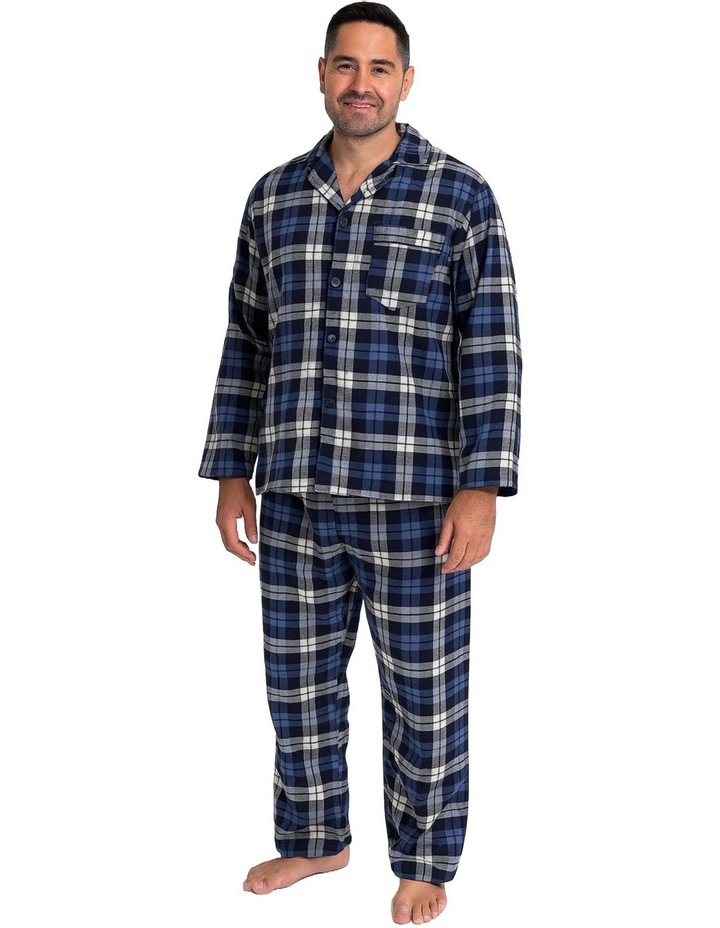 Mens 100% Cotton Plus Size Flannelette Pyjama Set in Blue Check image 1