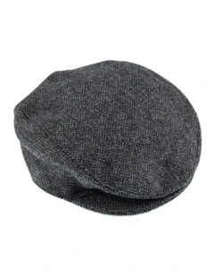 Abraham Moon Herringbone Tweed Flat Cap in Charcoal