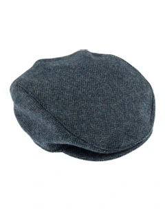 Abraham Moon Herringbone Tweed Flat Cap in Navy